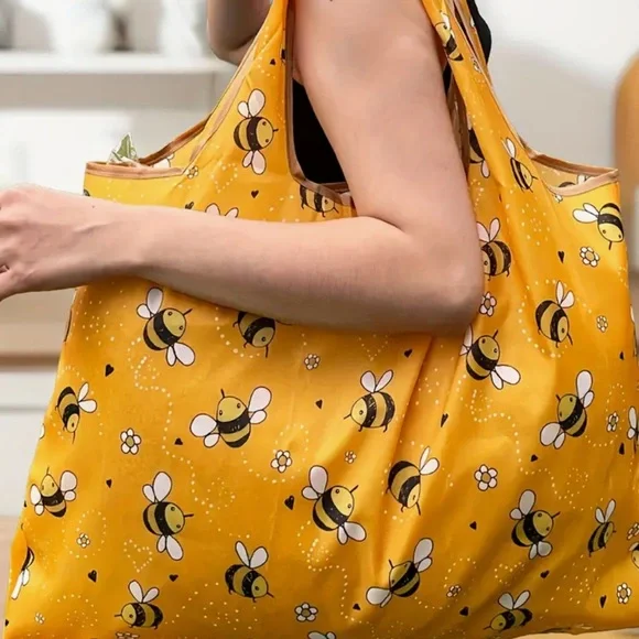 Portable Shopping Nylon Tote Bag Vibrant Bumble Bee & Flower Design - Picture 4 of 6